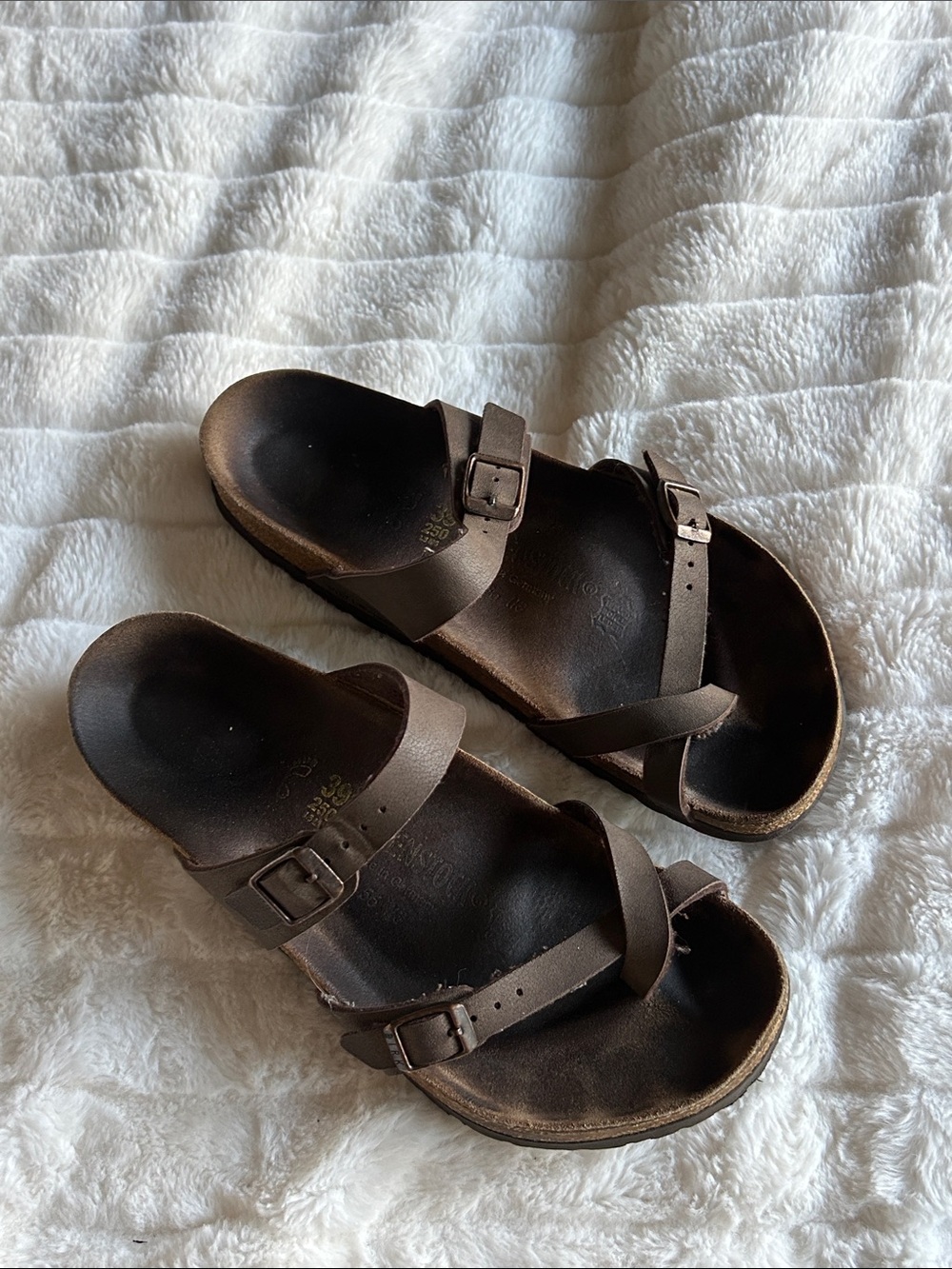 Birkenstock Brown Two-Strap Leather Slide Sandals